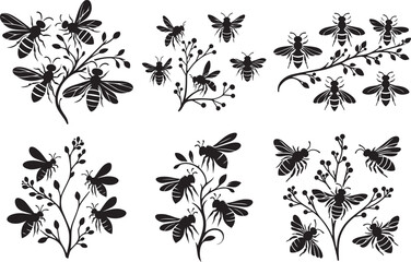 Bee Silhouettes on Branches: A collection of beautifully crafted silhouettes of bees gracefully interacting with delicate branches.