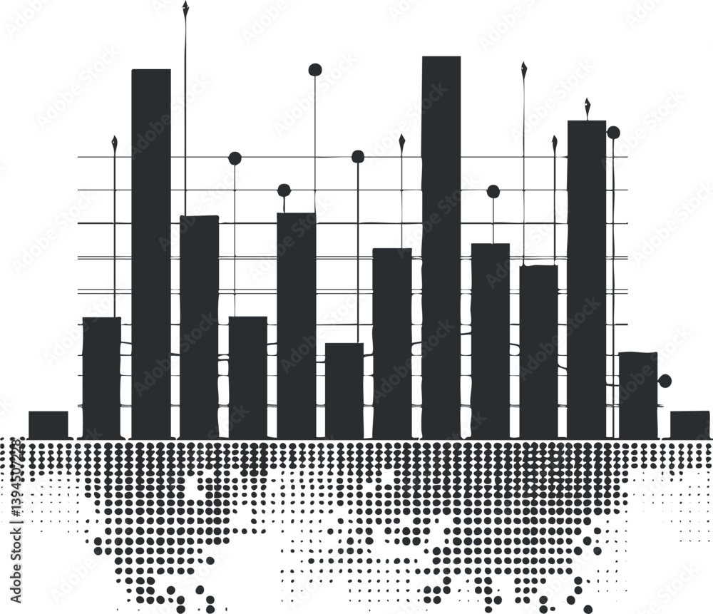 Poster abstract black and white bar chart with dotted world map background, representing data analysis.