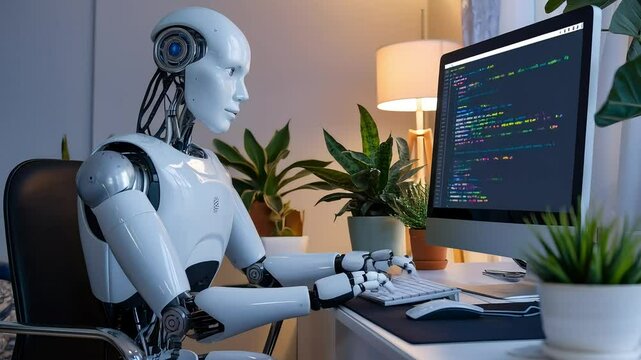 Humanoid robot sitting at modern workstation writing code, symbolizing AI integration into professional tech environments.