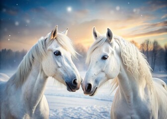 Obraz premium Majestic Winter Horses Touching Noses A Stunning Portrait of Two Powerful Equines in a Snowy Landscape
