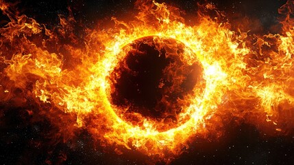 Fiery orb engulfed in flames, stellar explosion amidst a starry cosmic backdrop