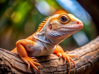 Obraz premium Closeup of a White and Orange Lizard Resting on a Tree Branch in a Zoo Reptile Enclosure A