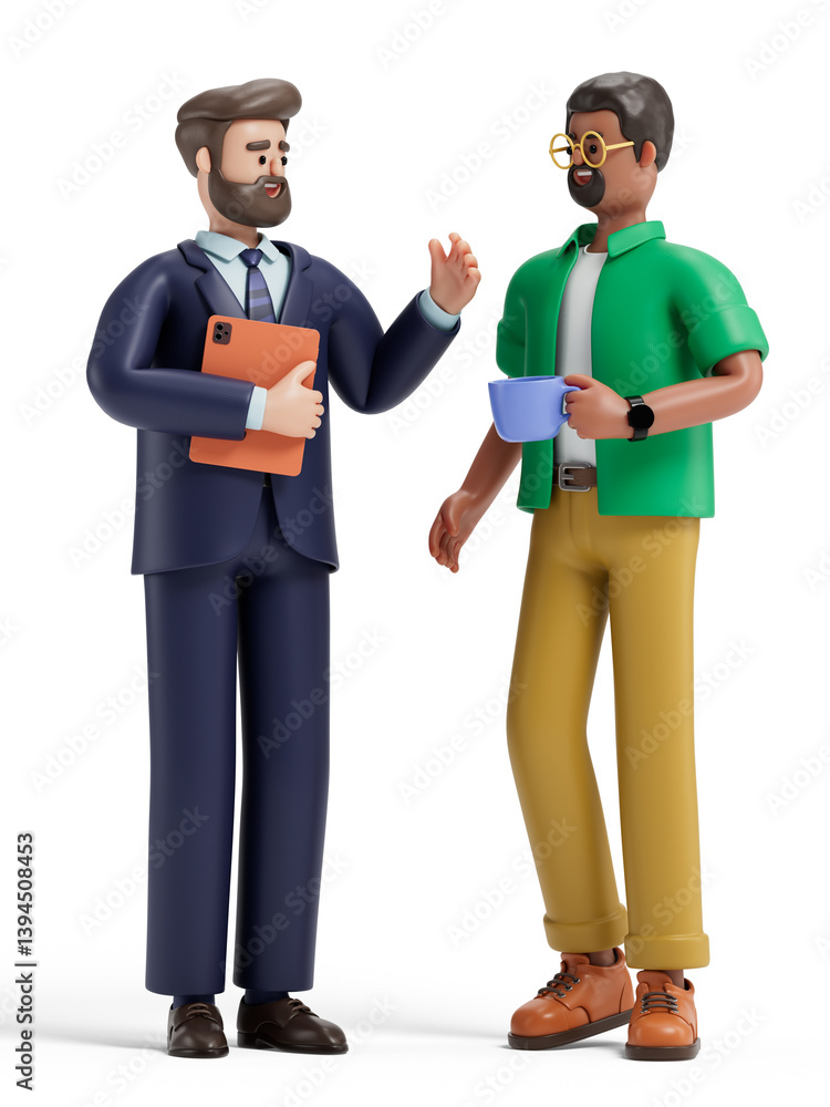 Poster two 3d men converse, symbolizing professional networking and collaboration. 3d rendering, conceptual