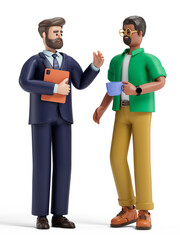 Two 3D men converse, symbolizing professional networking and collaboration. 3D rendering, conceptual image. Isolated on white background.
