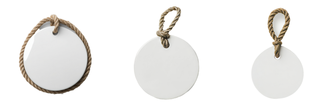 Minimalist isolated mockups of circular tags with rope loops showcasing blank surfaces for customization and branding