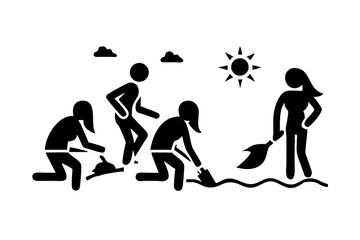 Obraz premium People cleaning a beach on a Earth Day sunny day with shovels and a broom
