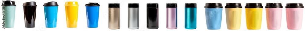 Aufkleber isolated minimalist mockups of various reusable coffee cups arranged in a row on a white background