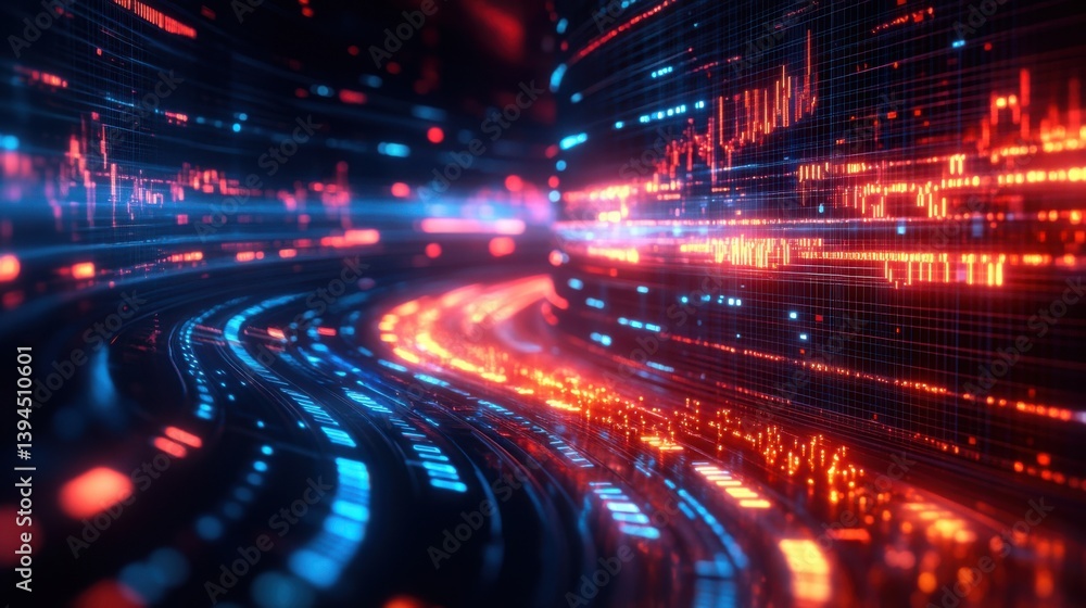 Poster a vibrant, abstract digital landscape featuring flowing lines of blue and red light, resembling data