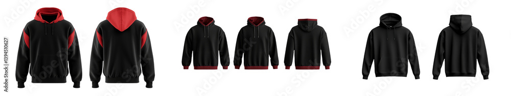 Poster isolated minimalist mockups of black hoodies with red accents showcasing different angles and styles
