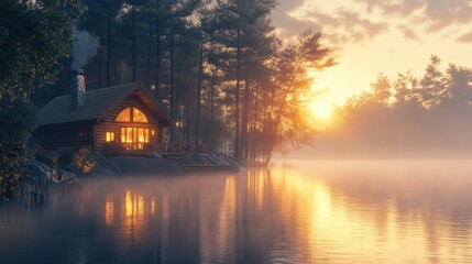 Fototapeta premium A serene wooden cabin by a misty lake at sunrise, surrounded by tall trees, creating a tranquil and picturesque natural setting.