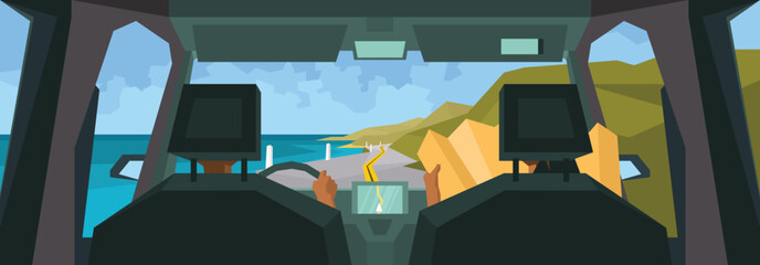 Driving along a scenic coastal road viewed from the car interior with two people.