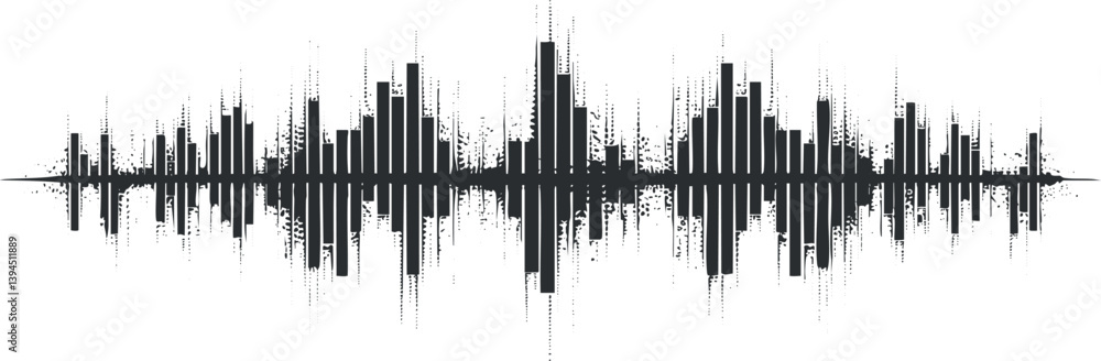 Poster abstract black and white sound waveform representing audio frequency and digital signal patterns.