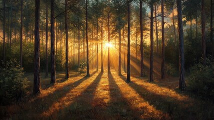 A serene forest scene with sunlight streaming through tall trees, casting long shadows on the ground, creating a peaceful atmosphere.
