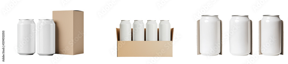 Poster minimalist mockups of white beverage cans with clean lines and simple packaging design