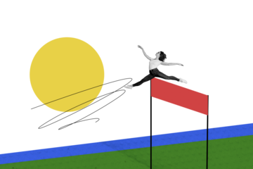 Composite trend artwork sketch image photo collage of outdoors stadium monochrome young lady run runner sportswoman finish winner victory