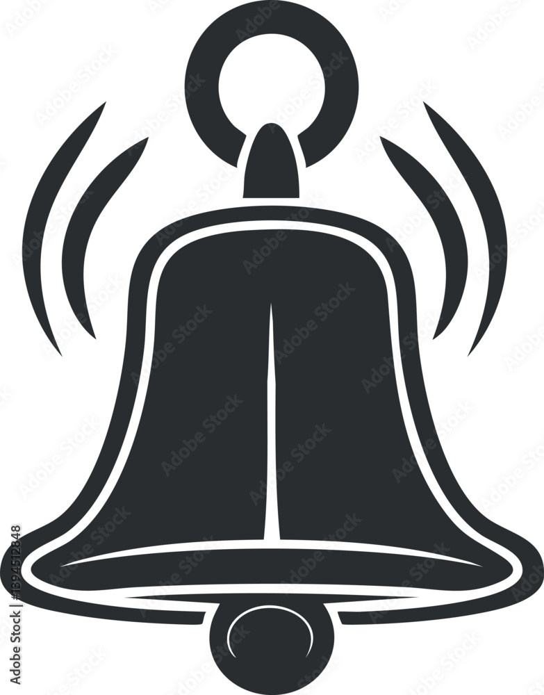 Poster minimalist black bell icon representing notification or alert signal with sound waves.