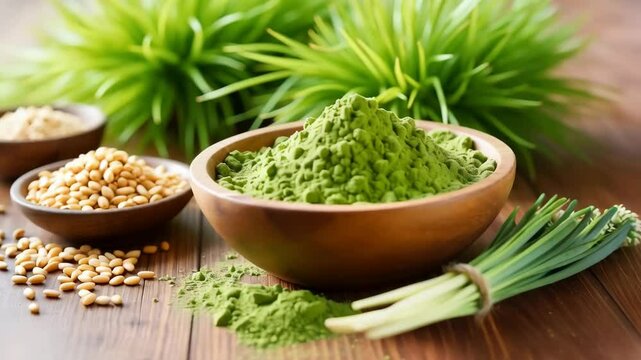 A wooden bowl filled with finely green organic powder like wheatgrass, surrounded by fresh, vibrant green wheatgrass herb blades, on a wooden table, in a rustic, natural layout