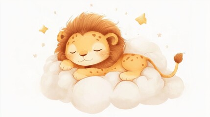 A charming stock image featuring a cartoon lion sleeping peacefully on a cloud. The image conveys a sense of tranquility, innocence, and the sweetness of dreams.