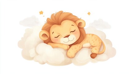 A charming stock image featuring a cartoon lion sleeping peacefully on a cloud. The image conveys a sense of tranquility, innocence, and the sweetness of dreams.