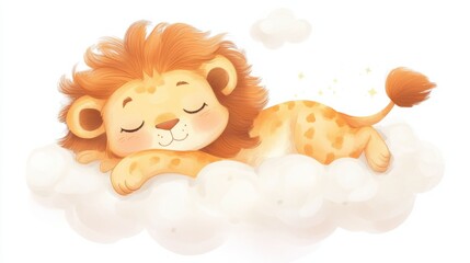 A charming stock image featuring a cartoon lion sleeping peacefully on a cloud. The image conveys a sense of tranquility, innocence, and the sweetness of dreams.
