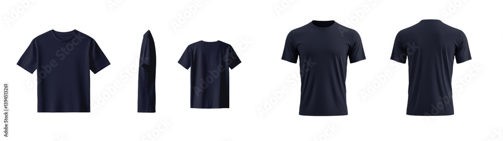 Poster minimalist isolated mockups of dark t-shirts displayed from various angles in a clean layout
