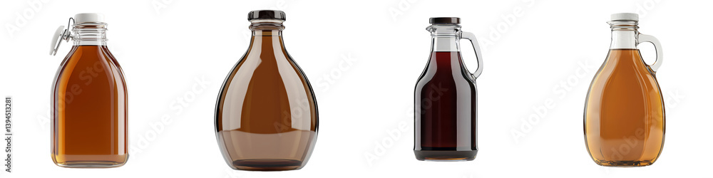 Poster minimalist mockups featuring four unique glass bottles in various shapes and colors on a plain backg