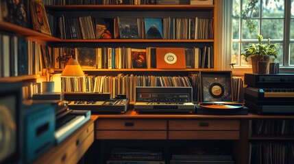 A cozy music room filled with vinyl records, audio equipment, and warm lighting, creating a nostalgic and inviting atmosphere.