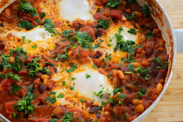 eggs and beans dinner in a pan close-up