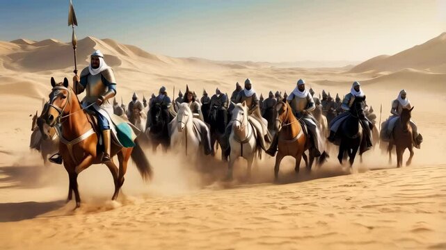 The legendary hero Saladin ibn Ayyub - Salah ad-Din Yusuf ibn Ayyub - leading his elite army through the desert, with grace and determination