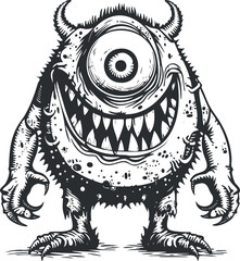Black and white illustration of a one-eyed monster with horns, sharp teeth, and a mischievous grin.