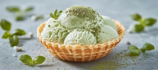 Refreshing Green Tea Ice Cream Scoops in Waffle Bowl, Culinary Treat on Gray Background