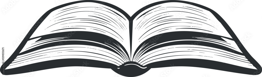 Poster black and white illustration of an open book with visible pages, symbolizing knowledge and learning.