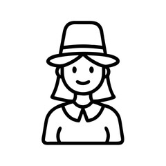 Pilgrim woman icon smiling in traditional attire on transparent background  