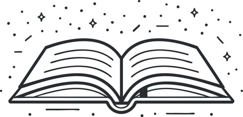 Black and white illustration of an open book with stars, symbolizing magic and imagination.