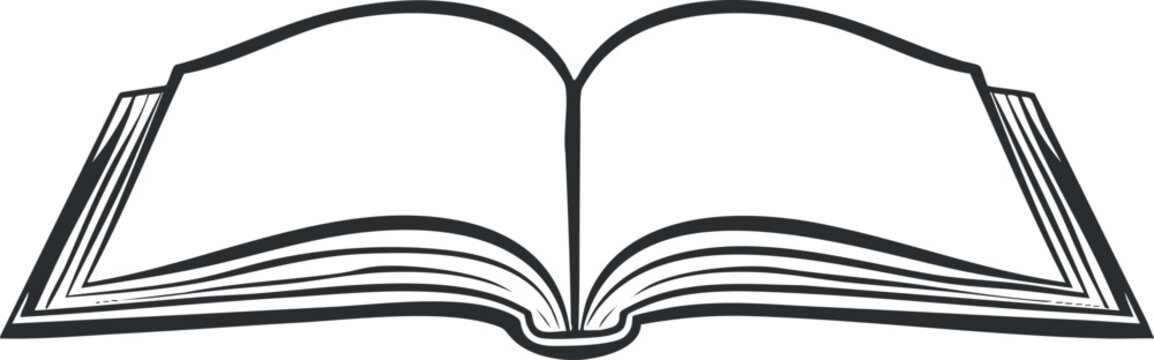 Black and white outline illustration of an open book with visible pages.