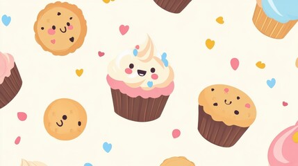 A delightful stock image featuring a seamless pattern of strawberry cupcakes and other sweet treats. The image conveys a sense of joy, sweetness, and the charm of cartoon illustrations.