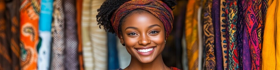 Fototapeta premium Smiling Young Woman with Colorful Headwrap Surrounded by Vibrant African Print Fabrics