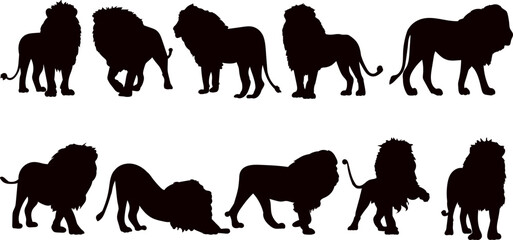 set of silhouettes of lions with manes, vector