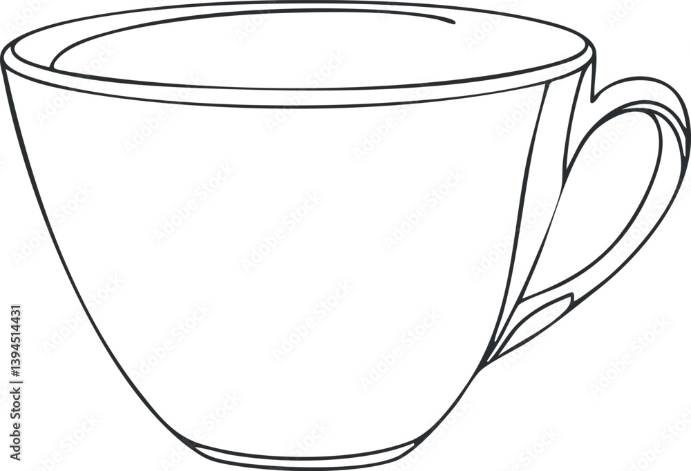 Poster simple black and white line drawing of a teacup with a handle, outlined in minimal style.