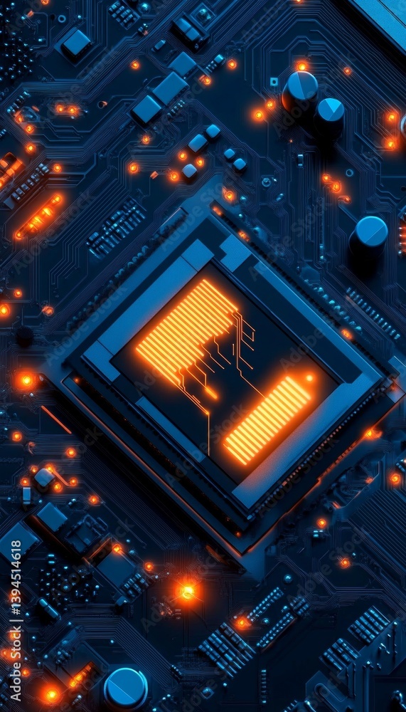 Poster glowing electronic circuit board, modern tech design, abstract technology background with cpu