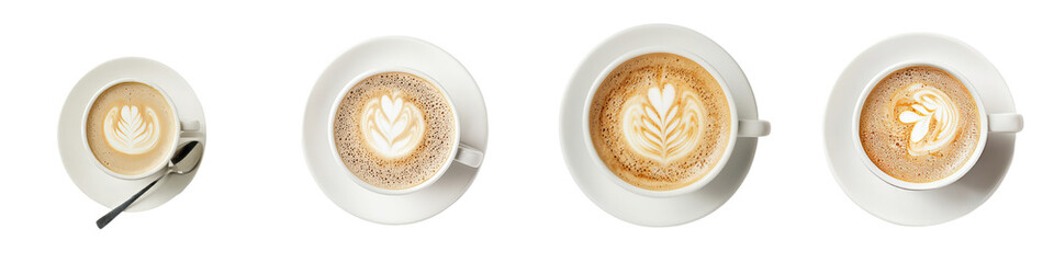 Fototapeta premium Elegant minimalist coffee mockups showcasing latte art designs in isolated white cups on a clean background