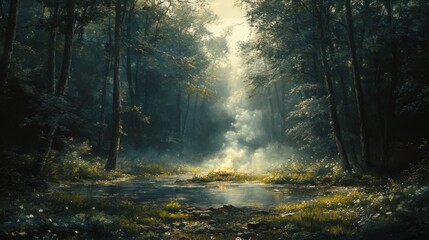 Obraz premium A serene forest scene with sunlight filtering through trees, illuminating a misty area near a pond.