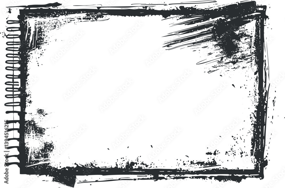Poster grunge style notebook border with abstract black and white textured frame and rough edges.