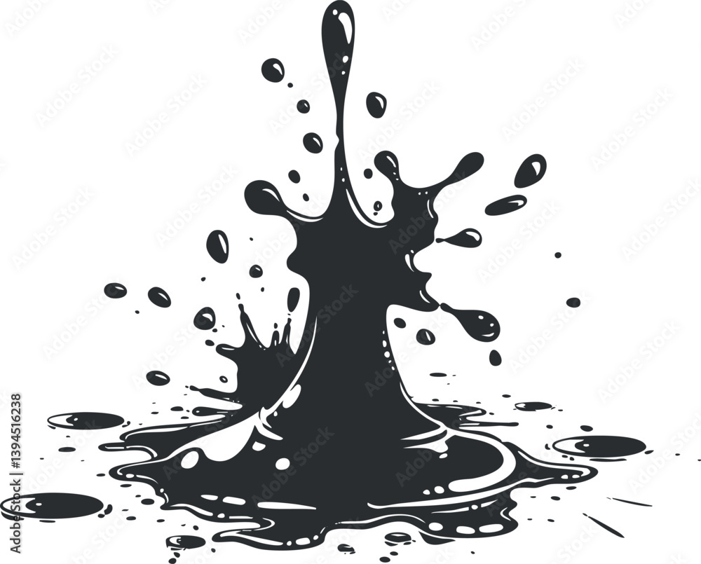 Poster abstract black ink splash with droplets on white background, showcasing fluid motion and dynamic for