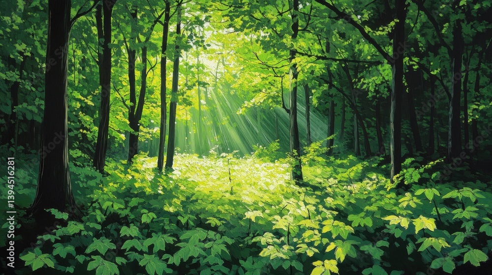 Poster a serene forest scene with lush green foliage and soft sunlight filtering through the trees, creatin