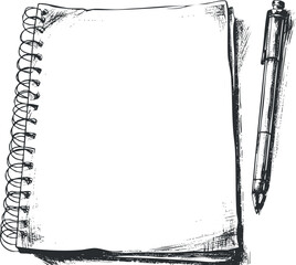Black and white sketch of a spiral notebook with a pen on a blank page.