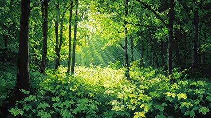Obraz premium A serene forest scene with lush green foliage and soft sunlight filtering through the trees, creating a tranquil and inviting atmosphere.