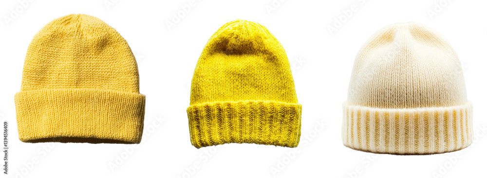 Poster Minimalist mockups of three isolated winter hats in vibrant yellow and soft white, showcasing different textures and patterns for apparel design