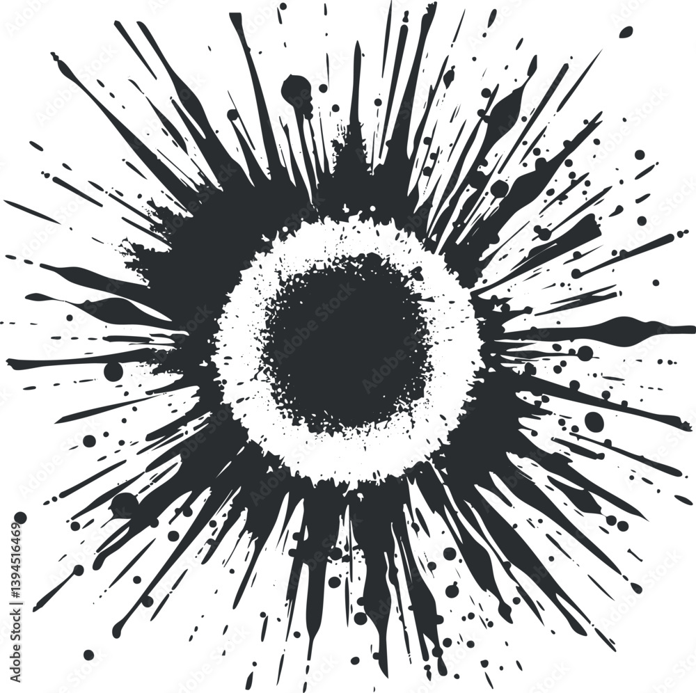 Poster dynamic black ink splash art with a circular burst pattern on a white background.