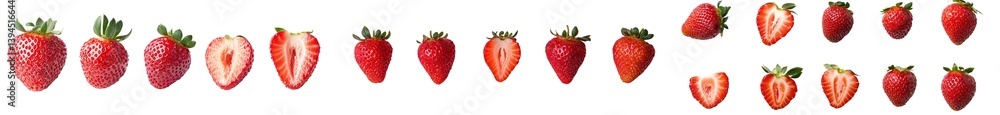 Poster strawberries displayed in a minimalist mockup, showcasing full and sliced fruits against a clean bac